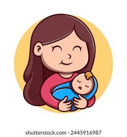 Cute mother holding baby cartoon illustration. Study icon concept. Flat cartoon style.