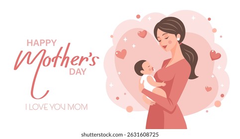 Cute mother holding her baby in her arms. Mother's Day card, banner. Flat  illustration.