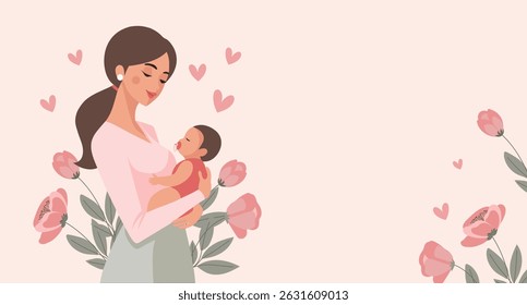 Cute mother holding her baby in her arms. Mother's Day card, banner. Flat  illustration.
