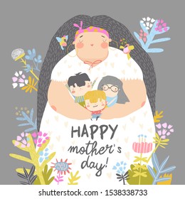 Cute mother holding her children in flowers