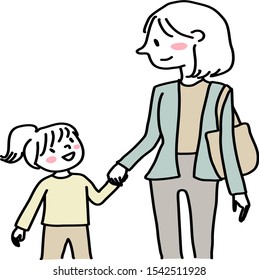 Cute mother holding her daughters hand, walking home together. Cheerful girl holds mom's hand and walks back home after school. Woman and little kid walking hand in hand. Hand-drawn vector.