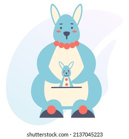 Cute Mother Kangaroo And Kangaroo Baby In A Bag. Cartoon Character On A White Background. Simple Flat Style. Vector Isolated Illustration. Minimalism.