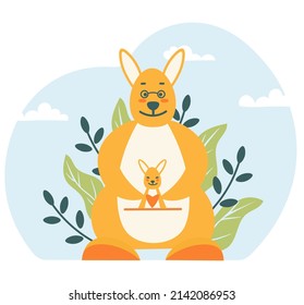 Cute Mother Kangaroo And Kangaroo Baby In A Bag. Cartoon Character On A White Background. Simple Flat Style. Vector Isolated Illustration. Minimalism.