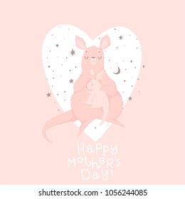 Cute mother kangaroo with her child. Vector illustration with cute animals and lettering. Postcard, poster, invitation design. Love. Happy Mothers' Day greeting card! Vector illustration.