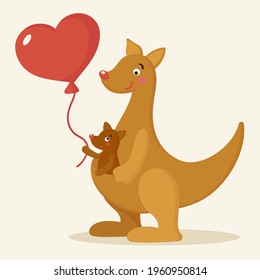 Cute mother kangaroo with its little baby. Kangaroo cub holds heart-shaped balloon. Flat vector illustration.