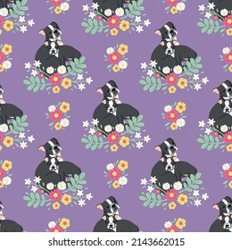 CUTE MOTHER AND KID FRENCH BULLDOG WITH BEAUTIFUL FLORAL SEAMLESS PATTERN.