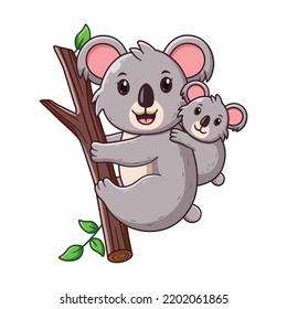 Cute Mother Koala with the baby Climbing the Tree Cartoon. Animal Icon Concept. Flat Cartoon Style. Suitable for Web Landing Page, Banner, Flyer, Sticker, Card