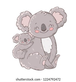 Cute mother koala with her little baby on her back. 