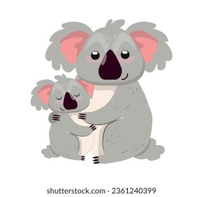 Cute Mother Koala and her Little Baby, Beautiful Australian Animals Cartoon Character Vector Illustration.