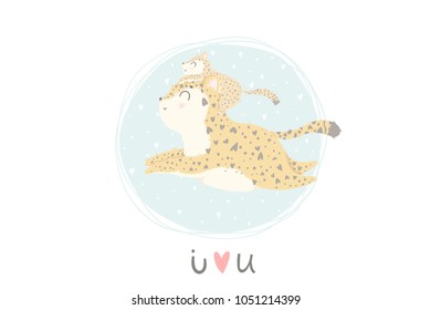 Cute mother leopard with her child. Vector illustration with cute animals and lettering. Postcard, poster, invitation design. Love. Happy Mothers' Day greeting card! Vector illustration.