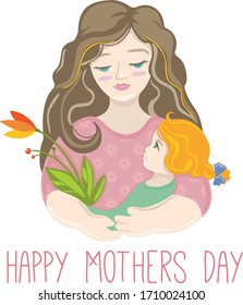 Cute mother with long hair
 in a pink sweater holding a daughter and flowers on her mothers day