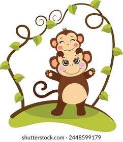 Cute mother monkey with little child on head on tree branch green leaves
