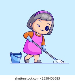 Cute Mother Mopping Floor Cartoon Vector Icon Illustration. 
People Healthy Icon Concept Isolated Premium Vector. Flat 
Cartoon Style 