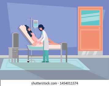 cute mother with newborn baby and doctor in hospital room