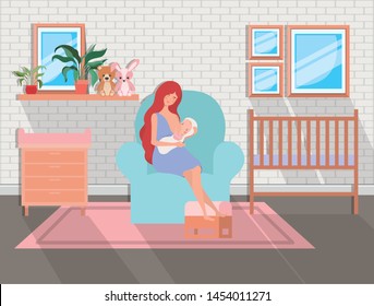 cute mother with newborn baby in livingroom