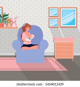 cute mother with newborn baby in livingroom