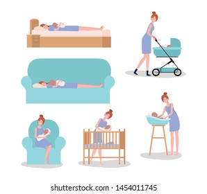 cute mother with newborn baby set activities