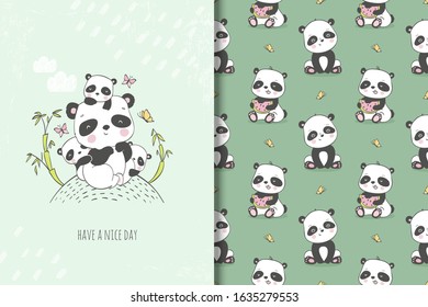 Cute mother panda bear with her kids illustration.Jungle animals. Hand drawn card template and seamless pattern. Cartoon design vector illustration.