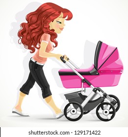 Cute mother with a pink pram on walk isolated on white background