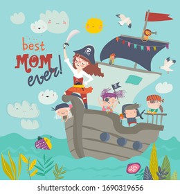 Cute Mother Pirate Sailing With Her Kids In Ship