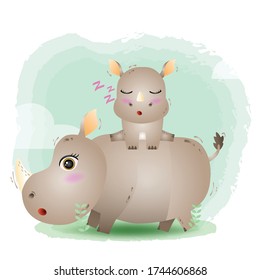 cute mother rhino & baby in the children's style. cute cartoon rhino vector illustration