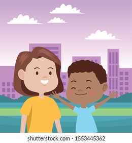 cute mother and son in the city vector illustration design
