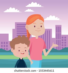 cute mother and son in the city vector illustration design
