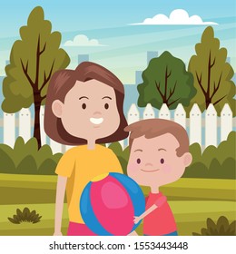cute mother and son in the field vector illustration design