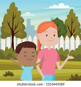 cute mother and son in the field vector illustration design
