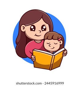 Cute mother with son reading book cartoon illustration. Study icon concept. Flat cartoon style.