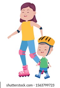 cute mother and son in skates vector illustration design