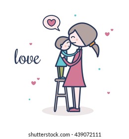 Cute mother and son vector illustration with hearts. Postcard design. Love.