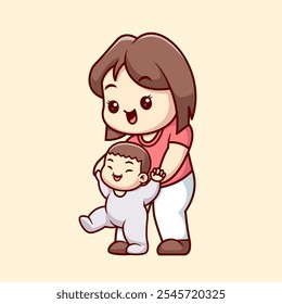 Cute Mother And Son Walking Together Cartoon Vector Icon 
Illustration. People Holiday Icon Concept Isolated Premium 
Vector. Flat Cartoon Style 