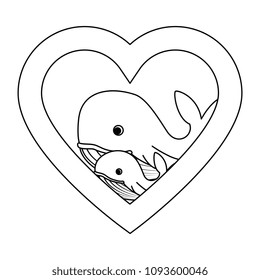 cute mother and son whales in heart characters