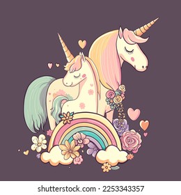 Cute mother unicorn with kid girl, in flowers, rainbow, hearts. Beautiful cartoon character mom and baby magic horse animals. Vector illustration for Mother's day card, design