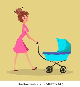 Cute mother walking with pram. Vector illustration