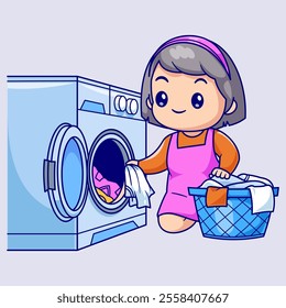 Cute Mother Washing Clothes With Washing Machine Cartoon 
Vector Icon Illustration. People Technology Icon Concept 
Isolated Premium Vector. Flat Cartoon Style 