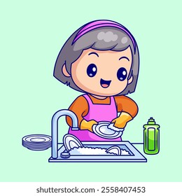 Cute Mother Washing Plate With Soap Cartoon Vector Icon 
Illustration. People Healthy Icon Concept Isolated Premium 
Vector. Flat Cartoon Style 