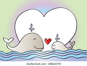 Cute mother whale and baby whale. Sketchy style.