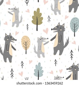 Cute mother wolf with her baby pup seamless pattern. Forest vector illustration