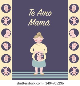 Cute Mother's Day card depicting pregnant woman in a yellow sweater and blue skirt with a baby in a womb, surrounded by baby pattern. Wishes in Spanish.  Vector