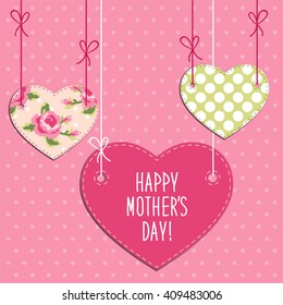 Cute Mothers Day card as three hearts on strings in shabby chic style