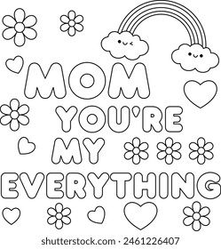 Cute Mother's day coloring pages for kids, outline vector illustration easy to color, black and white activity worksheet