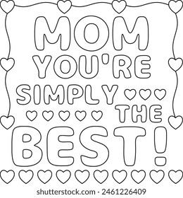 Cute Mother's day coloring pages for kids, outline vector illustration easy to color, black and white activity worksheet