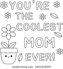 Cute Mother's day coloring pages for kids, outline vector illustration easy to color, black and white activity worksheet