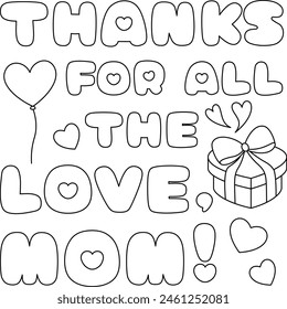 Cute Mother's day coloring pages for kids, outline vector illustration easy to color, black and white activity worksheet