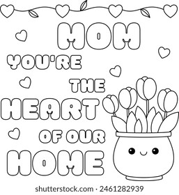 Cute Mother's day coloring pages for kids, outline vector illustration easy to color, black and white activity worksheet