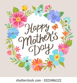 Cute Mother's Day greeting card. Colorful spring floral wreath and a white circle in the middle. Vector illustration.