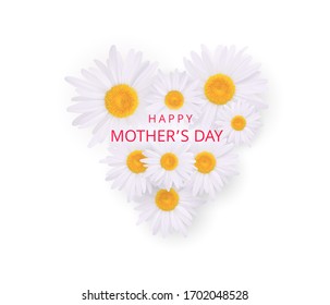 Cute Mothers Day greeting card template. Beautiful bouquet of vector realistic field daisies in the shape of a heart for creative design. Greeting card, postcard, flyer. Vector illustration