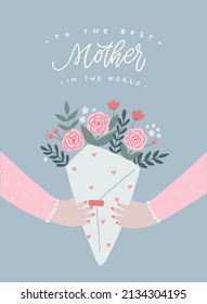 Cute Mother's day greeting card, poster, print, banner, invitation decorated with hand drawn bouquet of flowers and lettering quote. EPS 10